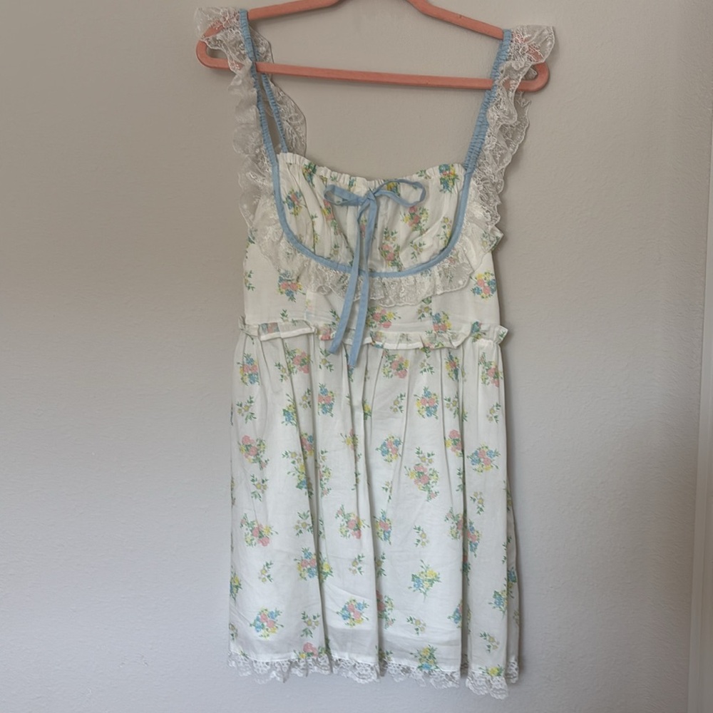 For Love & Lemons 🍋 Sage Mini Dress, Baby Blue Floral Lace Trim Dress size S - Picture 7 of 11